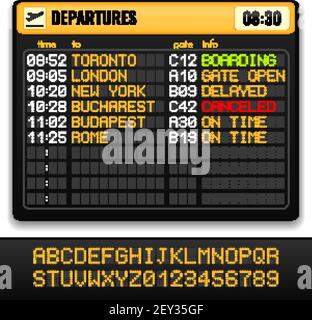 Elektronisches Flughafenboard realistische Komposition mit gelben Alphabeten an Bord Und Abfahrtinfo Vektordarstellung Stock Vektor