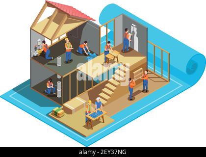 Bauarbeiter mit professionellen Werkzeugen und Blaupause während des Baus Haus isometrische Zusammensetzung Vektor Illustration Stock Vektor