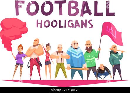 Kriminelle Zusammensetzung mit Cartoon-Stil menschliche Charaktere von Fußball-Hooligans Mit Raketen-Flags und editierbarer Text-Vektor-Illustration Stock Vektor