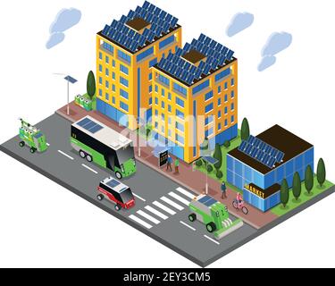 Intelligente städtische Ökologie isometrische Zusammensetzung mit Blick auf die Straße von Solar Energiebetriebene Gebäude und elektrische Transport Vektor-Illustration Stock Vektor