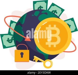 Bitcoin Münze auf dem Hintergrund des Planeten. Blockchain-Technologien, Bitcoins, Altcoins, Finanzen, digitaler Geldmarkt, Kryptowährung. Vektor-Illustration, Konzept..flacher Stil Stock Vektor