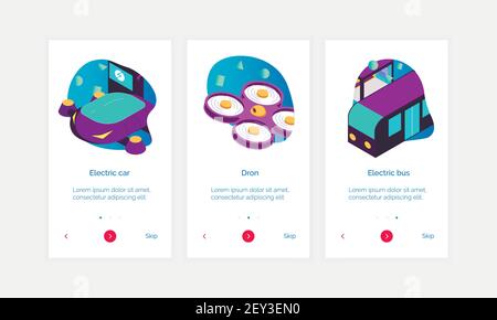 Satz von drei isometrischen Smart City-Bannern mit Text-Tasten Und Doodle Bilder von elektrischen Transport Vektor Illustration Stock Vektor