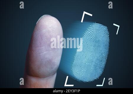 Fingerabdruck vom Finger scannen. Technologie, Sicherheit und biometrisches Konzept. Stockfoto