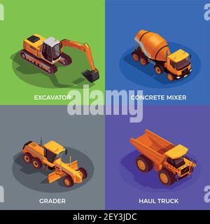 Schwarz gelbe Baufahrzeuge für Bodenarbeiten und Transport von Materialien isometrisches Designkonzept isolierte Vektordarstellung Stock Vektor
