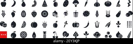 Satz von Vektorsymbolen. Gemüse, Obst und Beeren. Schwarze isolierte Silhouette. Symbol „Füllstoff“, Glyphe. Modernes Design. Gesunde Lebensmittel und Vitamine. Stock Vektor