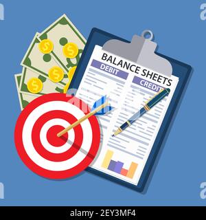 Zwischenablage mit Bilanz und Stift. Stock Vektor