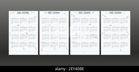 2022 2023 2024 2025 Kalender Wochenplaner und To-do-Liste. Handgezeichneter Schrifttyp Text und Elemente, Schulnotenstil, kariertes Notizbuch mit lineart-Pfeilen und Rahmen. Stock Vektor