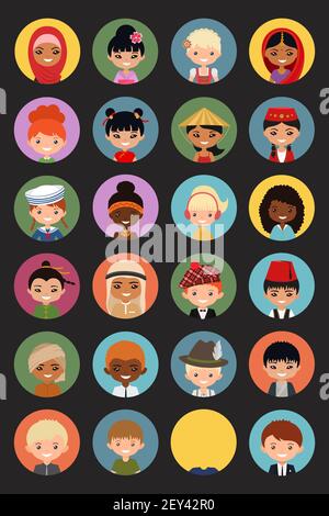 Icons Set von Nutzern von Männern und Frauen verschiedener Nationalitäten auf mehrfarbigen Hintergrund. Flacher Cartoon-Stil. Vektorgrafik. Stock Vektor