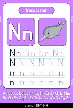 Schreiben von Briefen. Seite „Tracing“. Übungsblatt. Arbeitsblatt für Kinder. Alphabet lernen. Niedlicher Charakter. Farbvektordarstellung. Cartoon-Stil. Stock Vektor