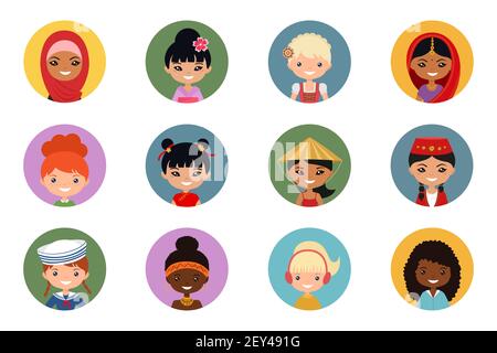 Benutzersymbole von Frauen verschiedener Nationen auf mehrfarbigem Hintergrund. Flacher Cartoon-Stil. Vektorgrafik Stock Vektor