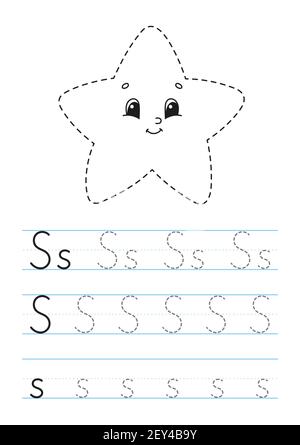 Schreiben von Buchstaben - S. Seite „Tracing“. Übungsblatt. Arbeitsblatt für Kinder. Übung für Vorschulen. Alphabet lernen. Niedliche Charaktere. Vektorgrafik. Stock Vektor