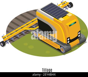 Landwirtschaftliche Roboter isometrische runde Zusammensetzung mit vollautomatischen Bodenbearbeitung Pflug Land kultivieren Maschinen weißen Hintergrund Vektor Illustration Stock Vektor