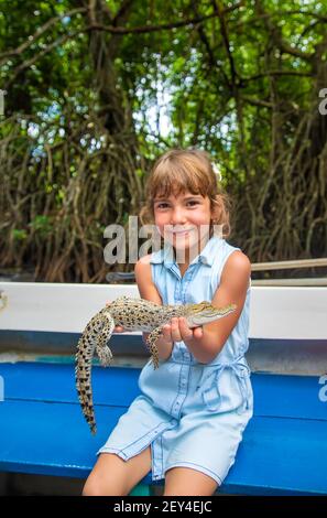 Das Kind hält ein kleines Krokodil in seinen Händen. Selektive konzentrieren. Natur. Stockfoto