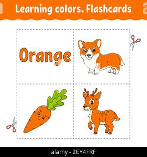 Farben lernen. Flashcard für Kinder. Niedliche Comic-Figuren. Bildset für Vorschulkinder. Arbeitsblatt zum Bildungswesen. Vektorgrafik. Stock Vektor