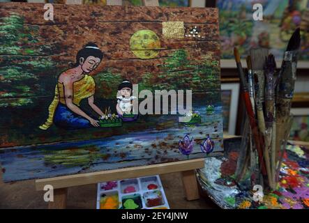 Original Ölgemälde, auf Leinwand. ,Thai Muster, Palette, Pinsel Stockfoto
