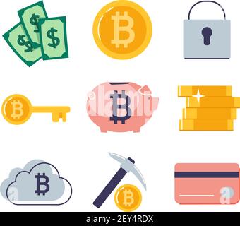 Set von flachen Icons mit Blockchain-Konzept, Safe Bitcoin, Kryptowährung Mining, Kapitalakkumulation und Cash-Dollar. Isolierte Vektordarstellung auf weißem Hintergrund Stock Vektor