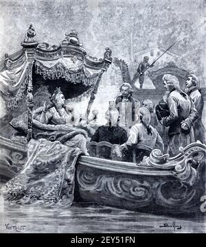 Katharina II., oder Katharina die große (1729-1796), Kaiserin ganz Russlands, in der Königlichen Barge an der Wolga Moskau Russland 1896 Vintage Illustration oder Alte Gravur Stockfoto