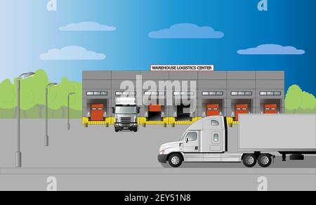 Lager-Logistikzentrum. Lieferung von Waren auf der Straße. Vektorgrafik flach Stock Vektor