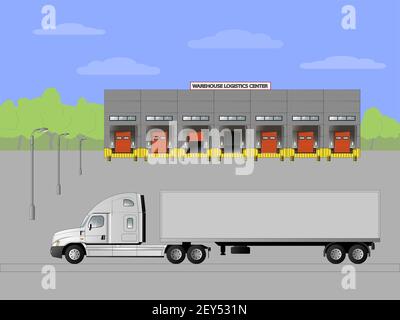 Lager-Logistikzentrum. Lieferung von Waren auf der Straße. Vektorgrafik flach Stock Vektor