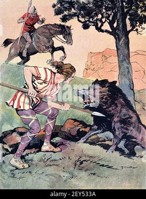 Wildschweinjagd im alten Gallien durch gallische Dorfbewohner Jagd Mit Speeren während der Ära des Vercingetorix (c82BC-46BC) Vintage Illustration c1940 Stockfoto