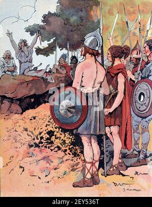 Die alten Gallier und Druiden opfern eine Ziege auf einem Menhir als gute Omen, bevor sie in die Schlacht während der Herrschaft von Vercingetorix (c82BC-46BC) im alten Gallien, jetzt Frankreich, eintreten. Vintage Illustration c1940 Stockfoto