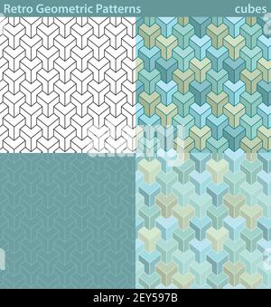 Vier verschiedene Varianten eines nahtlosen Musters füllen sich mit retro-wirkenden geometrischen Motiven. Stock Vektor