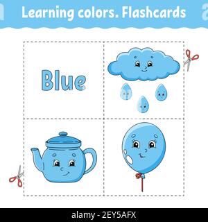 Farben lernen. Flashcard für Kinder. Niedliche Comic-Figuren. Bildset für Vorschulkinder. Arbeitsblatt zum Bildungswesen. Vektorgrafik. Stock Vektor