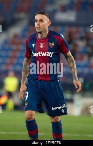 Valencia, Spanien. März 2021, 04th. Roger Marti von Levante UD in Aktion während des spanischen Copa del Rey Halbfinale Second Leg Match zwischen Levante UD und Athletic Bilbao Club in Ciutat de Valencia . (Endergebnis; Levante UD 1:2 Athletic Bilbao Club) Credit: SOPA Images Limited/Alamy Live News Stockfoto