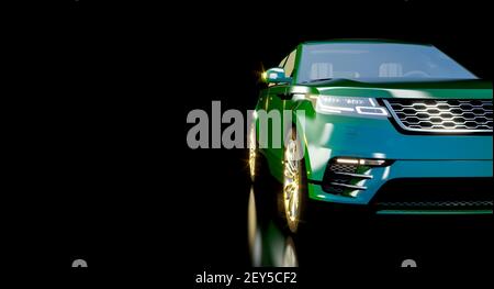 Moderne grüne suv-Auto auf dunklem Hintergrund. 3D Rendern. Stockfoto