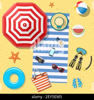 Strandzubehör Draufsicht auf Sand. Stock Vektor