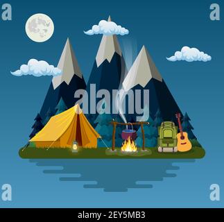 Zelt, Lagerfeuer, Berge, Wald und Wasser. Stock Vektor