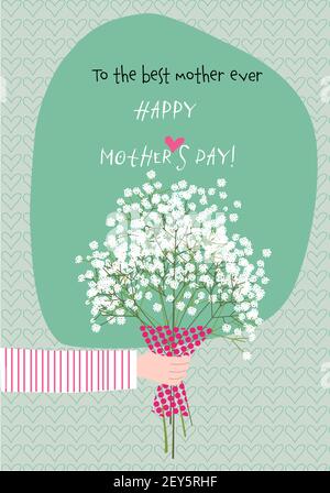 Hand einer Person, die der Mutter einen Strauß Paniculata Blumen gibt. Glückwünsche Mutter´s Tag Grußkarte. Vektorgrafik Stock Vektor