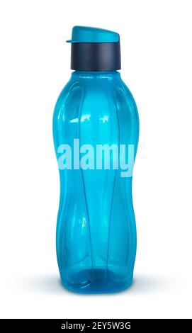 Blaue wiederverwendbare Trinkflasche isoliert auf weißem Hintergrund Stockfoto