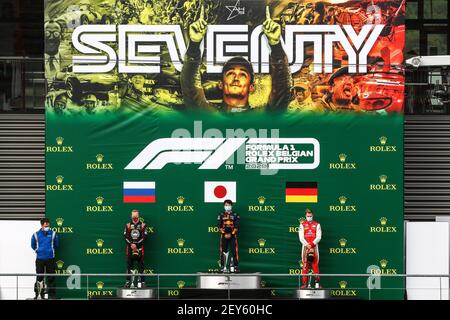 Podium, Mazepin Nikita (rus), Hitech Grand Prix, Dallara F2 2018, Tsunoda Yuki (jpn), Carlin, Dallara F2 2018, Schumacher Mick (ger), Prema Racing, Dallara F2 2018, Portrait, Ambiente während der 7th Runde der FIA Formel 2 Meisterschaft 28 vom 30. Bis 2020. August 2020 auf dem Circuit de Spa-Francorchamps, in Stavelot, bei Liège, Belgien - Photo Diederik van der Laan / Dutch Photo Agency / DPPI Stockfoto