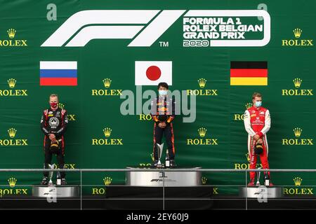 Podium, Mazepin Nikita (rus), Hitech Grand Prix, Dallara F2 2018, Tsunoda Yuki (jpn), Carlin, Dallara F2 2018, Schumacher Mick (ger), Prema Racing, Dallara F2 2018, Portrait, Ambiente während der 7th Runde der FIA Formel 2 Meisterschaft 28 vom 30. Bis 2020. August 2020 auf dem Circuit de Spa-Francorchamps, in Stavelot, bei Liège, Belgien - Photo Diederik van der Laan / Dutch Photo Agency / DPPI Stockfoto