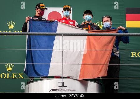 Podium, Mazepin Nikita (rus), Hitech Grand Prix, Dallara F2 2018, Tsunoda Yuki (jpn), Carlin, Dallara F2 2018, Schumacher Mick (ger), Prema Racing, Dallara F2 2018, Portrait, Ambiente zollt Anthoine Hubert während der 7th Runde der FIA Formel 2 Meisterschaft 2020 vom 28. Bis 30. August 2020 auf dem Circuit de Spa-Francorchamps, in Stavelot, bei Liège, Belgien Tribut - Foto Sebastian Rozendaal / Dutch Photo Agency / DPPI Stockfoto