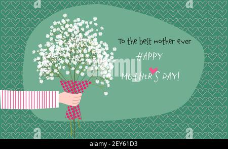 Hand einer Person, die der Mutter einen Strauß Paniculata Blumen gibt. Glückwünsche Mutter´s Tag Grußkarte. Vektorgrafik Stock Vektor