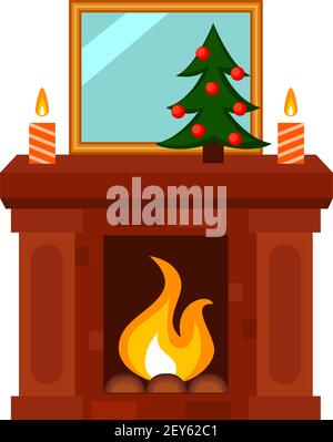 Bunte Cartoon Weihnachten dekoriert Kamin. Gemütliche warme Heizung. Weihnachtsthema Vektor Illustration für Poster, Etikett oder Geschenkkarte Dekoration Stock Vektor