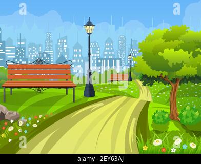 Bank mit Baum und Laterne im Park. Stock Vektor