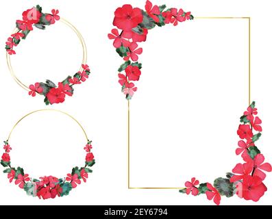 Florale geometrische Vektor-Design Rahmen. Rote Rose, Kamelie, Ranunculus, Eukalyptus und Grünsträuße. Frühlingshochzeit Blumen. Banner mit goldener Linie. Alle Stock Vektor