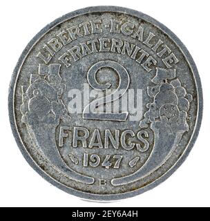 Alte französische Münze. 2 Francs. 1947. Rückwärts. Stockfoto