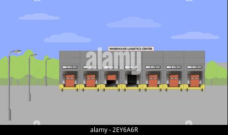 Lager-Logistikzentrum. Lieferung von Waren auf der Straße. Vektorgrafik flach Stock Vektor