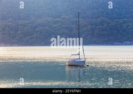 Segelyacht auf einem schönen See inmitten bewaldeter Berge Stockfoto