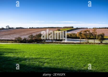 Felder der ländlichen Landschaft von Hampshire unter blauem Winterhimmel. England. Stockfoto