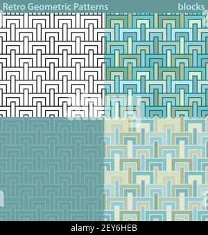 Vier verschiedene Varianten eines nahtlosen Musters füllen sich mit retro-wirkenden geometrischen Motiven. Stock Vektor