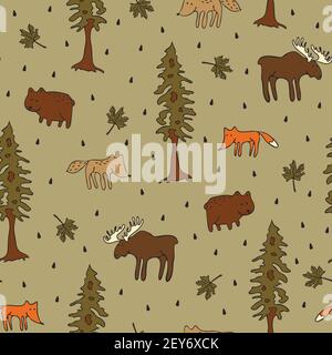 Nahtloses Vektor-Muster mit Waldtieren auf grauem Hintergrund. Niedliche Tiere Tapete Design für Kinder. Modische Qualität. Stock Vektor