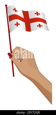 Weibliche Hand hält sanft kleine Flagge von Georgien. Design-Element Urlaub. Cartoon-Vektor auf weißem Hintergrund Stock Vektor