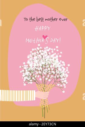 Hand einer Person, die der Mutter einen Strauß Paniculata Blumen gibt. Glückwünsche Mutter´s Tag Grußkarte. Vektorgrafik Stock Vektor