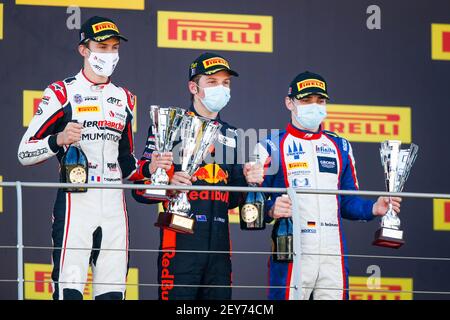 Podium: Pourchaire Theo (Fra), ART Grand Prix, Dallara F3, Lawson Liam (nzl), Hitech Grand Prix, Dallara F3, Beckmann, Trident, Ambiance Portrait, während der 9th Runde der FIA Formel 3 Meisterschaft 2020 vom 11. Bis 13. September 2020 auf dem Autodromo Internazionale del Mugello, in Scarperia e San Piero, bei Florenz, Italien - Foto Florent Gooden / DPPI Stockfoto