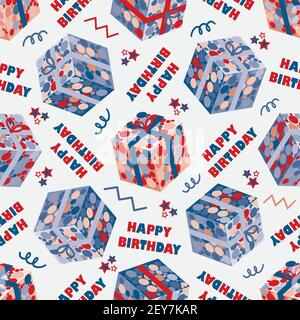 Happy Birthday Gruß und Geschenkbox 3D Effekt nahtlose Vektor-Muster Hintergrund.Hintergrund mit Konfetti dekoriert Geschenke, Feier Typografie Stock Vektor